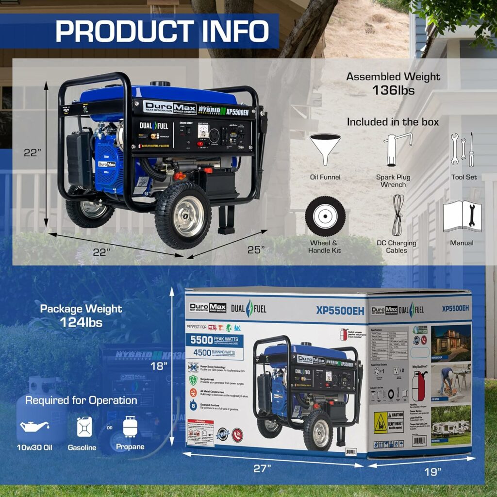 DuroMax Hybrid Dual-Fuel Portable Generator Specifications and Accessories