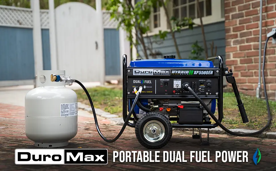 DuroMax hybrid portable generator connected to propane tank.