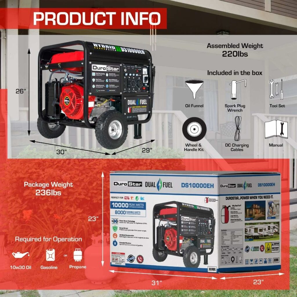 DuroStar DS10000EH dual-fuel generator product information and dimensions.
