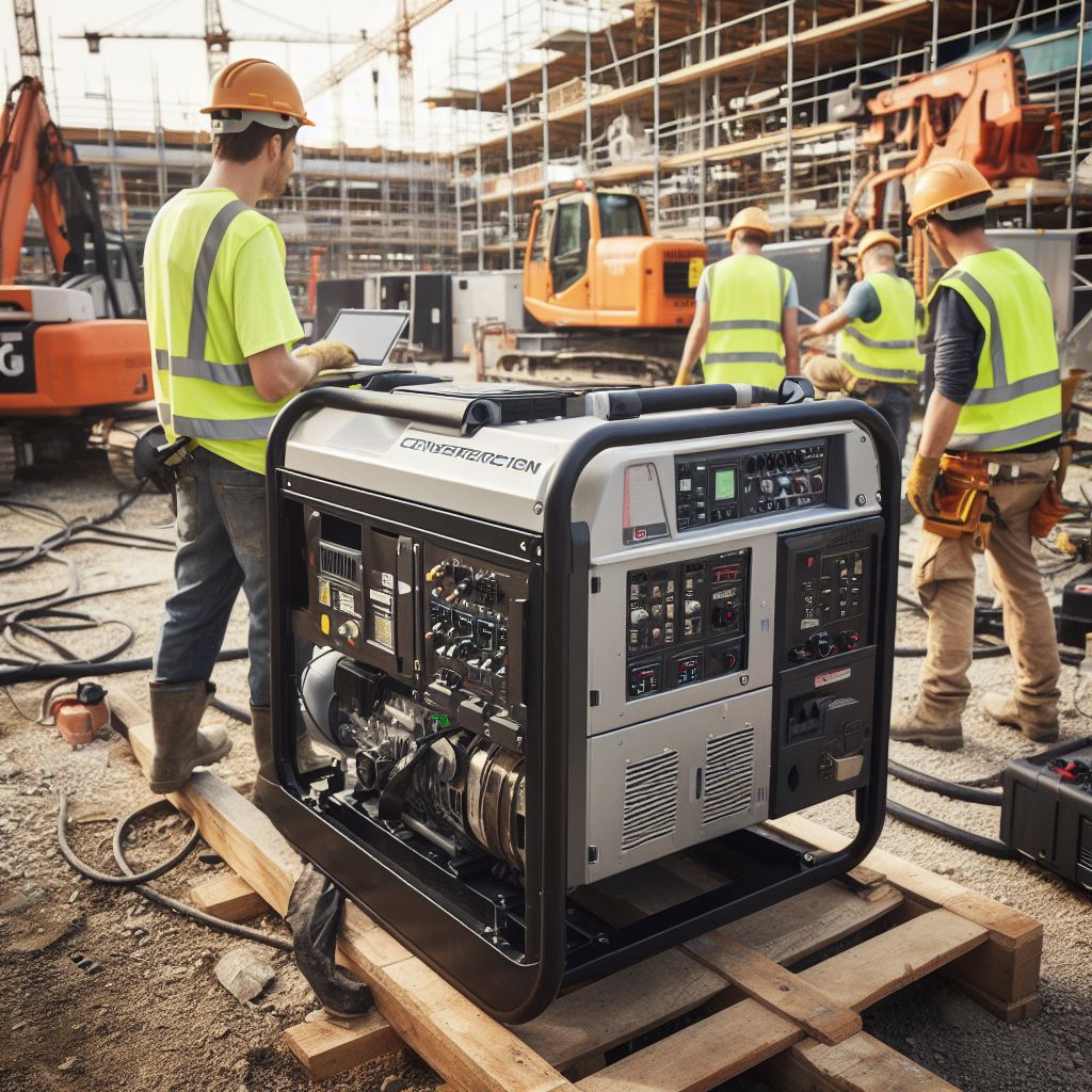 Construction workers operating generator at building site.