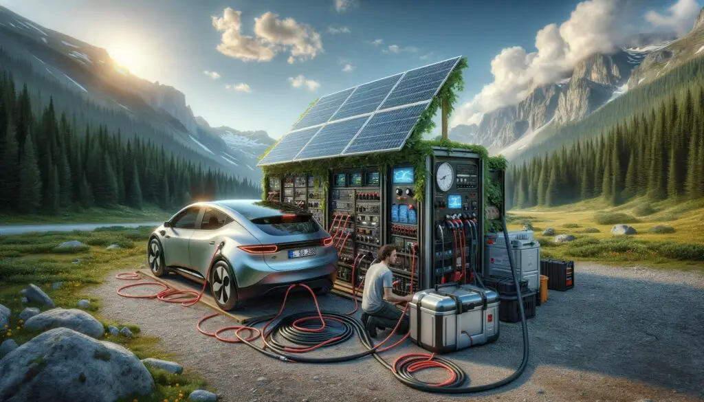 Solar-powered car charging station in scenic mountains.