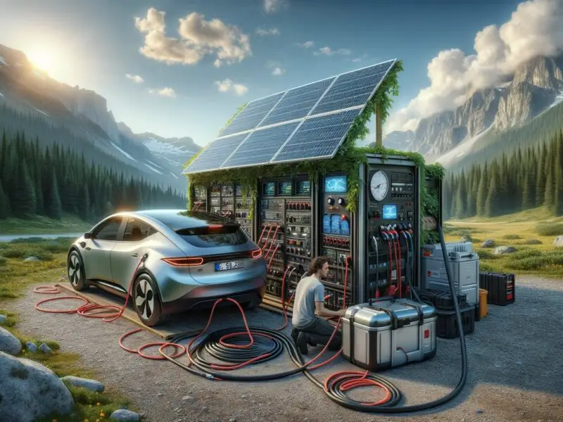 Solar-powered car charging station in scenic mountains.