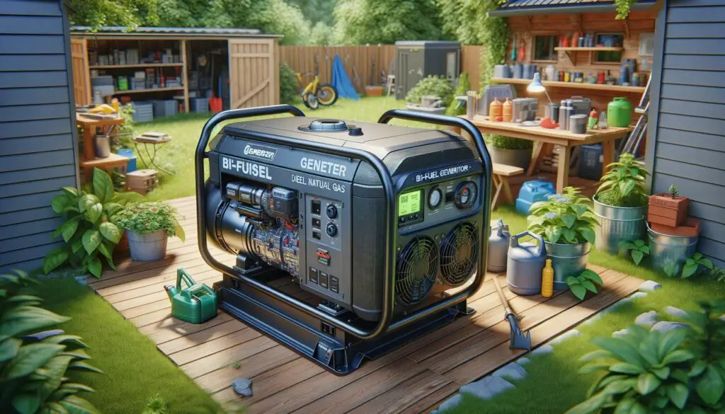 Portable bi-fuel generator in a backyard setting.