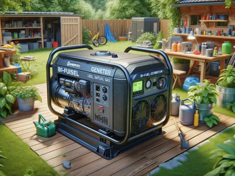 Portable bi-fuel generator in a backyard setting.