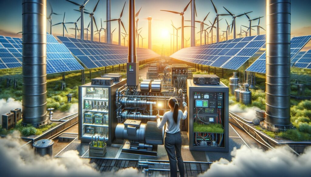 Renewable energy farm with engineer and solar panels, wind turbines.