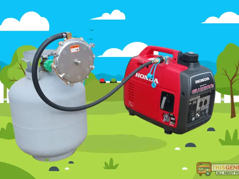 Portable generator connected to propane tank outdoors.