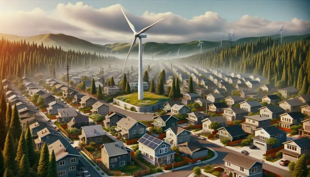 Sustainable eco-friendly neighborhood with wind turbines.